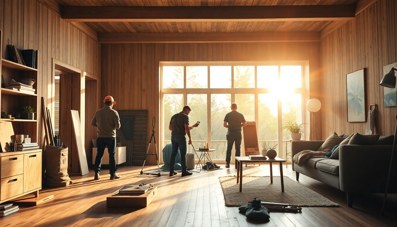 Visualisieren Sie eine Hausrenovierung mit Handwerkern, die einen Wohnraum kreativ transformieren.