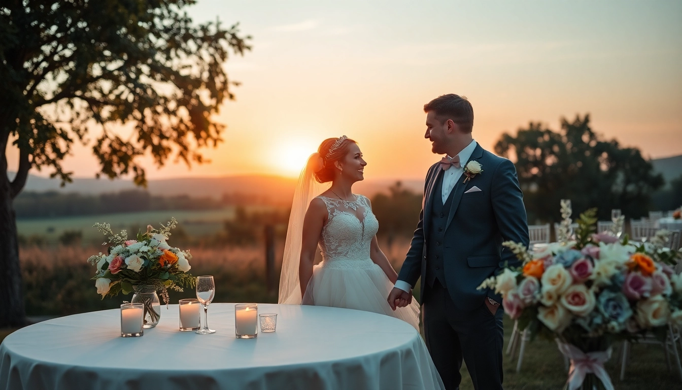 Romantische hochzeitslocation mit eleganten Tischen und blühenden Blumen im Sonnenuntergang.