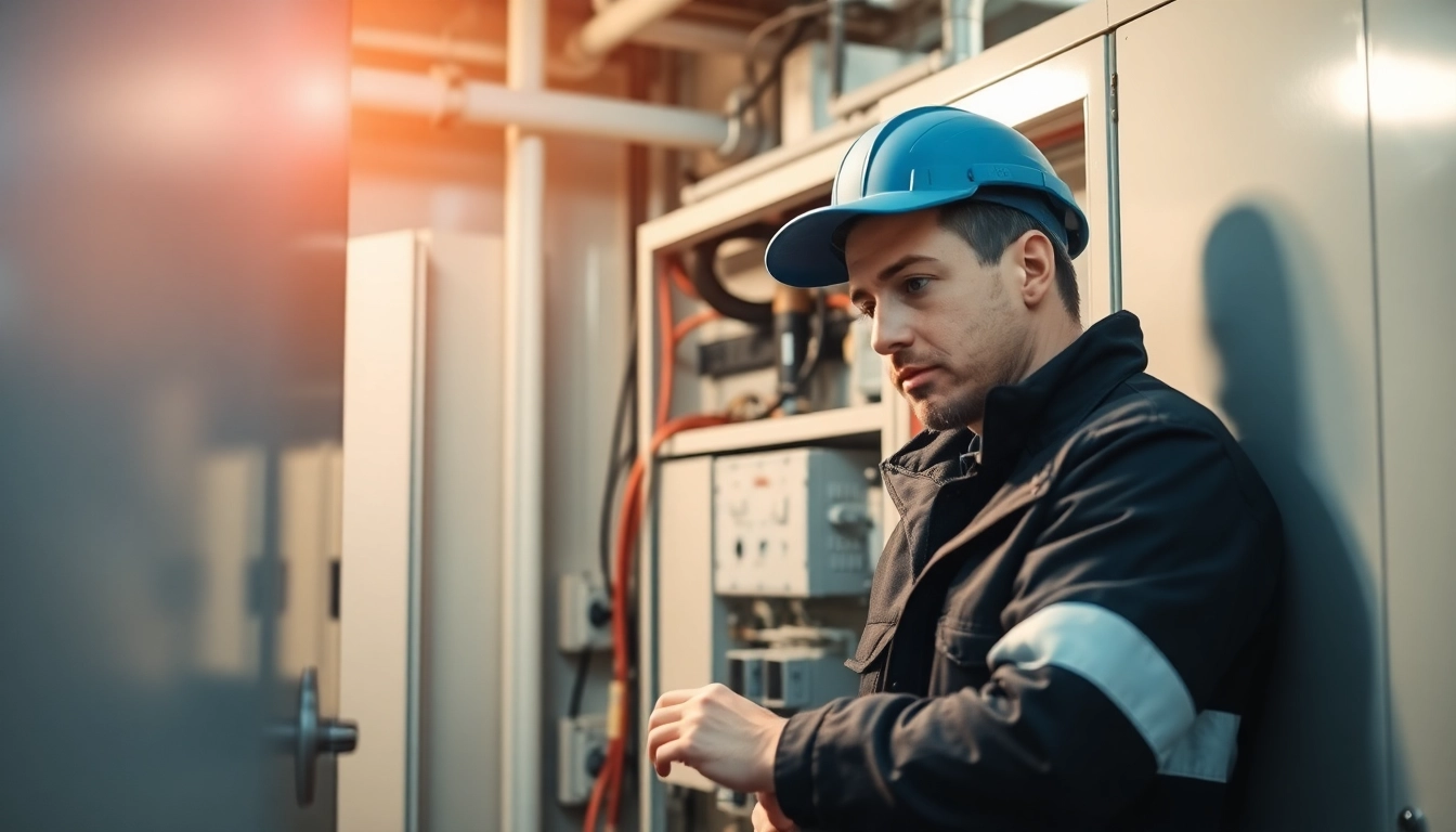 Technician performing a DGUV V3 Prüfung on electrical equipment, ensuring workplace safety and compliance.