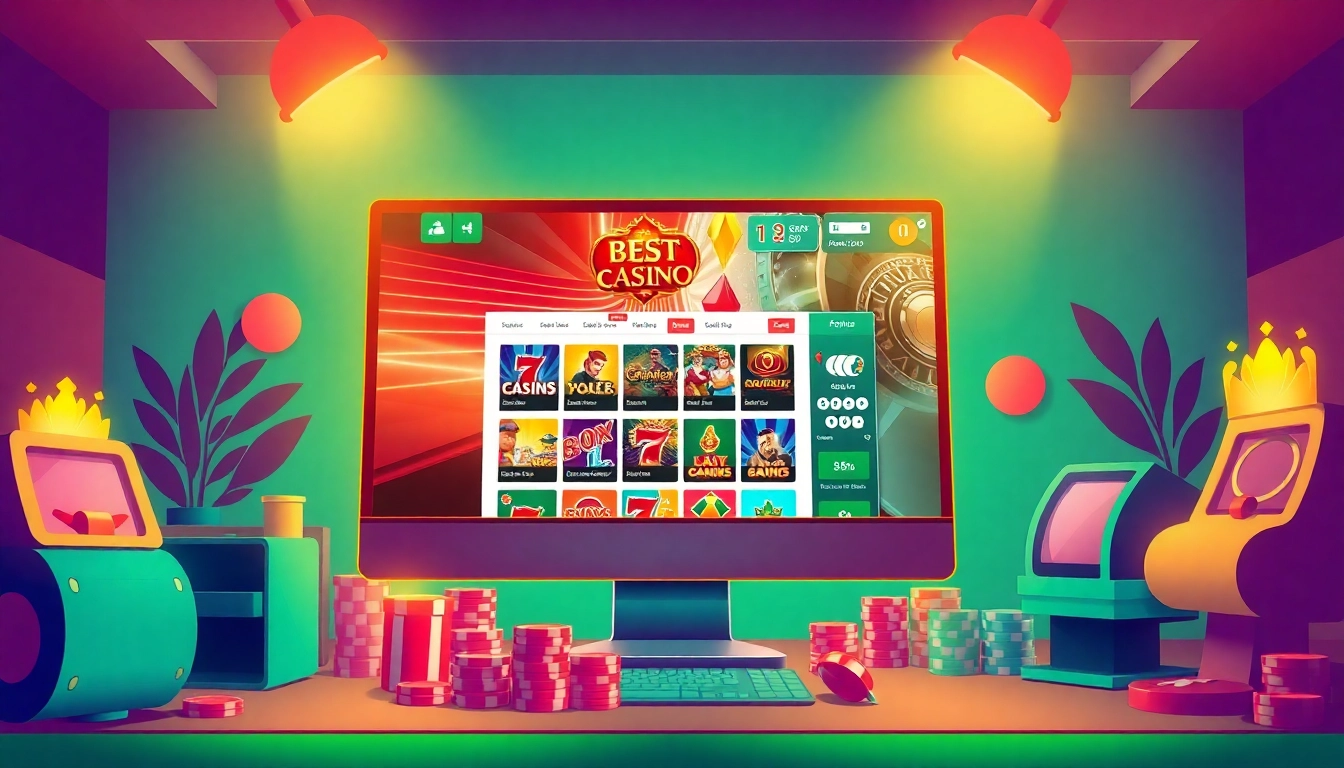 Discover the excitement of the best online casinos with stunning graphics and top bonuses showcased on a vibrant gaming screen.
