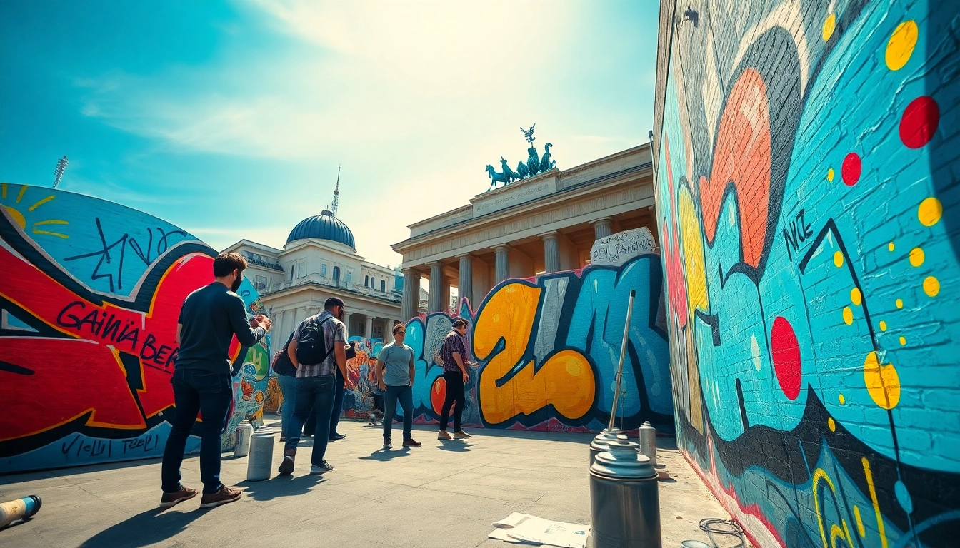 Experience stunning Graffiti Berlin as artists collaboratively create a vibrant mural in front of Berlin's skyline.