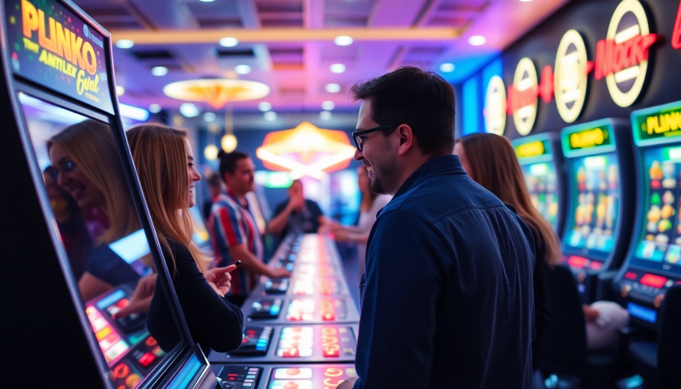 Erleben Sie das aufregende Plinko-Spiel, das seriös und unterhaltsam ist, während Menschen voller Freude um den Automaten versammelt sind.