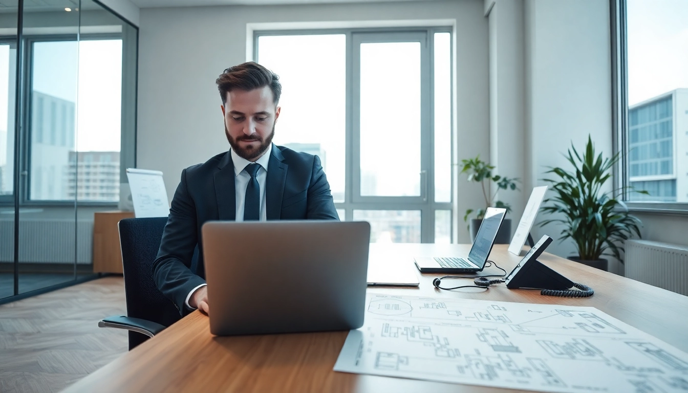 Headhunter Baubranche während der Arbeit in einem modernen Büro, fokussiert auf die Rekrutierung von Bauexperten.