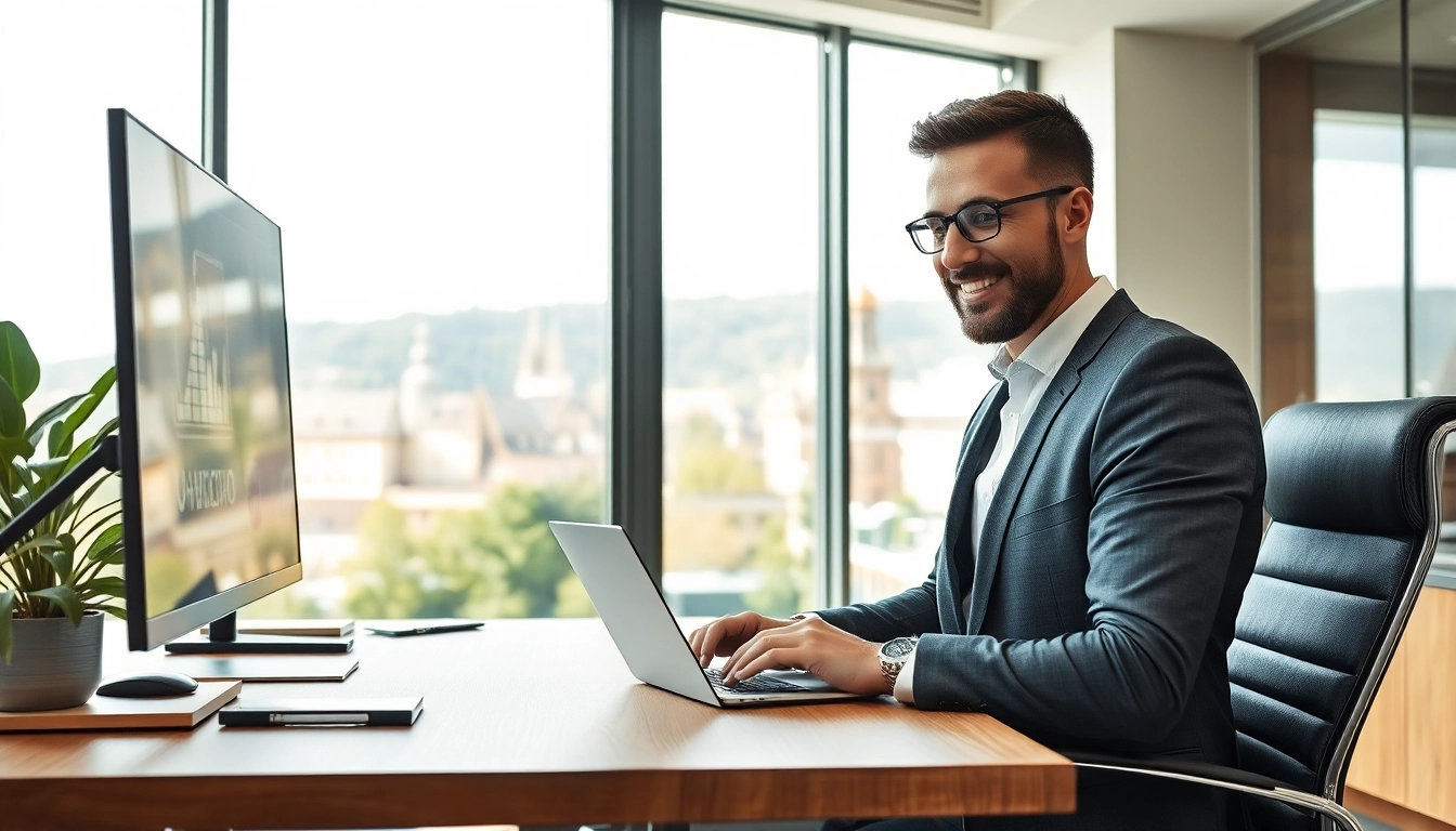 Headhunter Heidelberg bei der Arbeit in einem modernen Büro mit Blick auf die Altstadt.