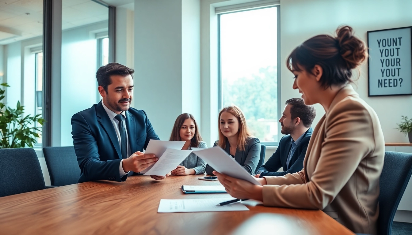 Headhunter Mühlheim: Engaging professional headhunter discussing with diverse candidates in a modern office.