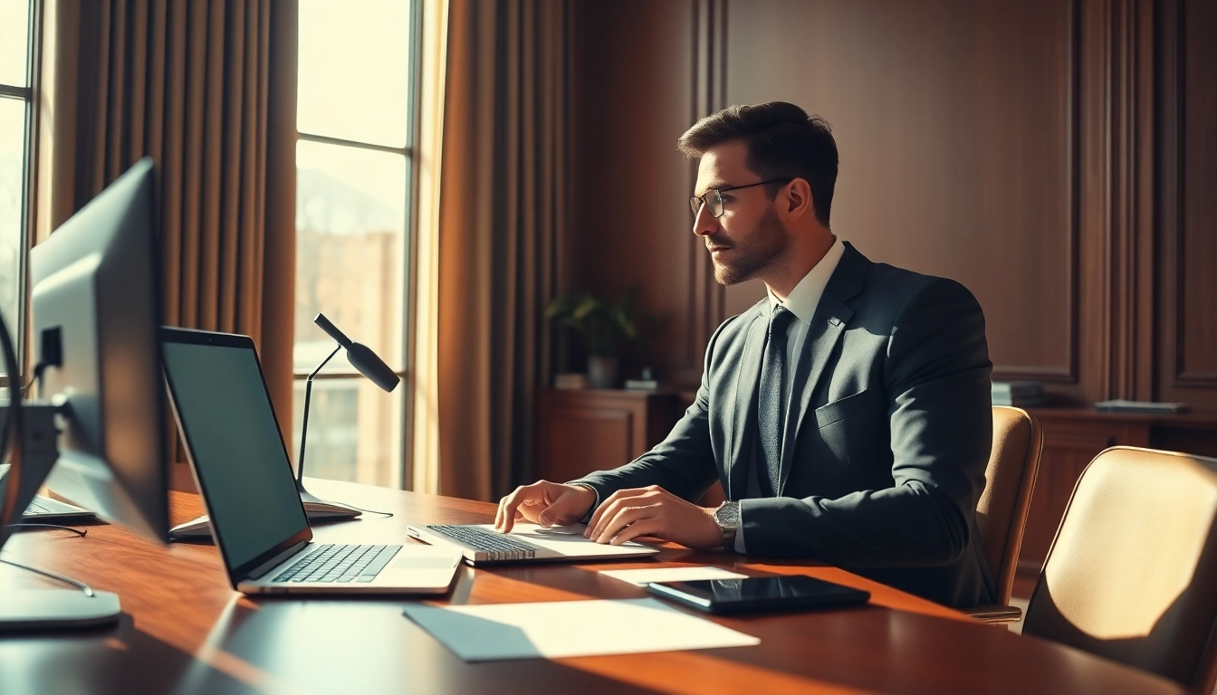 Headhunter conducting a video call in an elegant office.