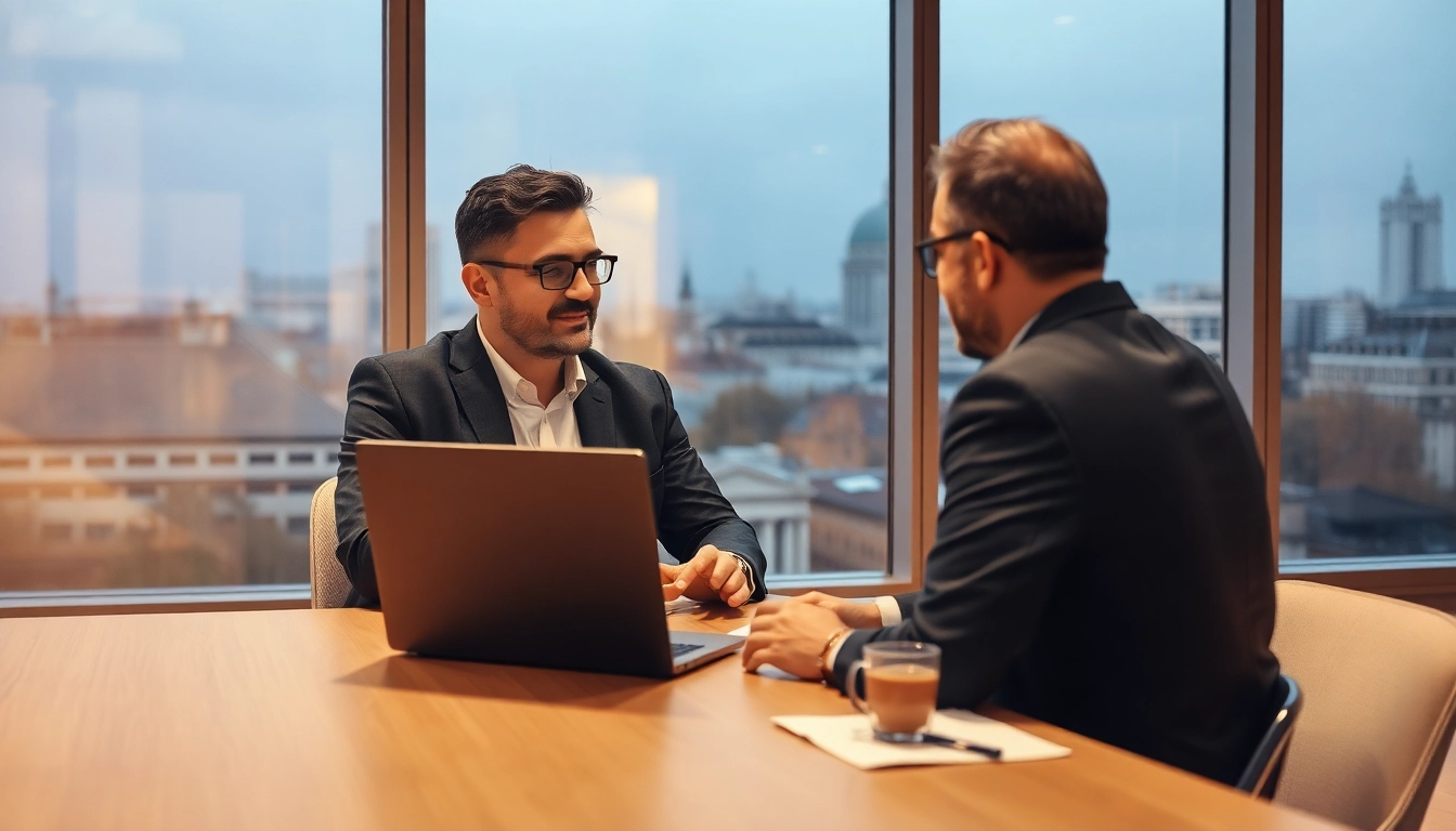 Headhunter München führt ein professionelles Gespräch mit einem Bewerber in einem modernen Büro.