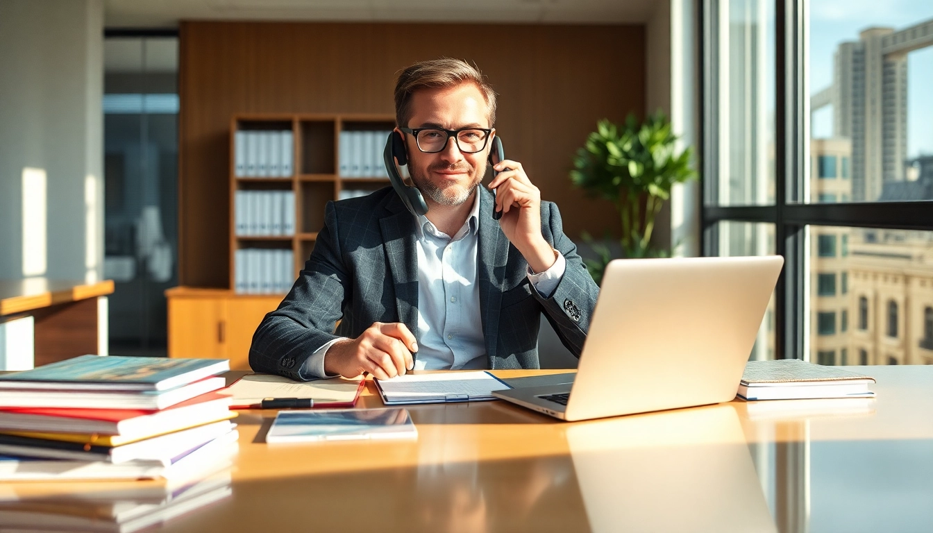 Headhunter bei der Arbeit, der einen Kandidaten telefonisch berät, umgeben von Unterlagen und einem Laptop.