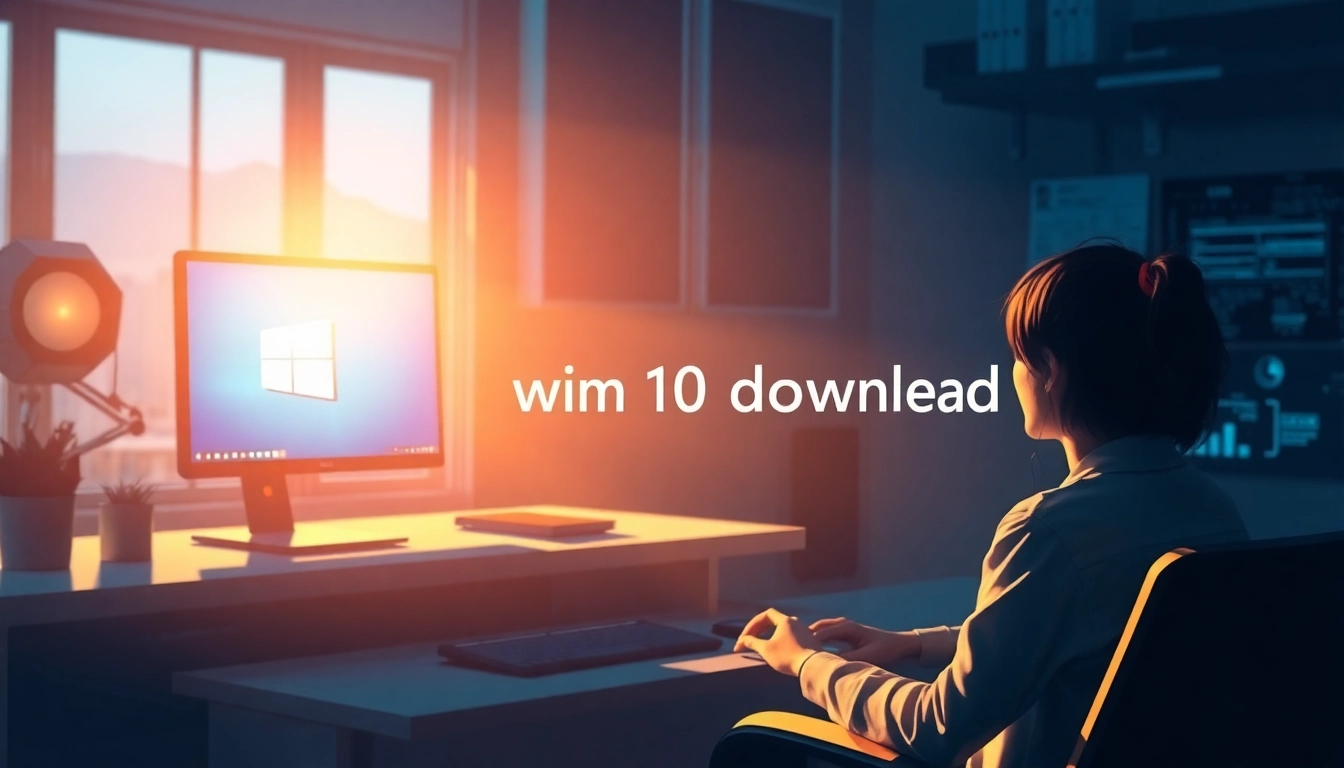 Laden Sie Windows 10 herunter: Zeigen Sie einen modernen Arbeitsplatz mit einem Benutzer, der aktiv am Computer arbeitet.