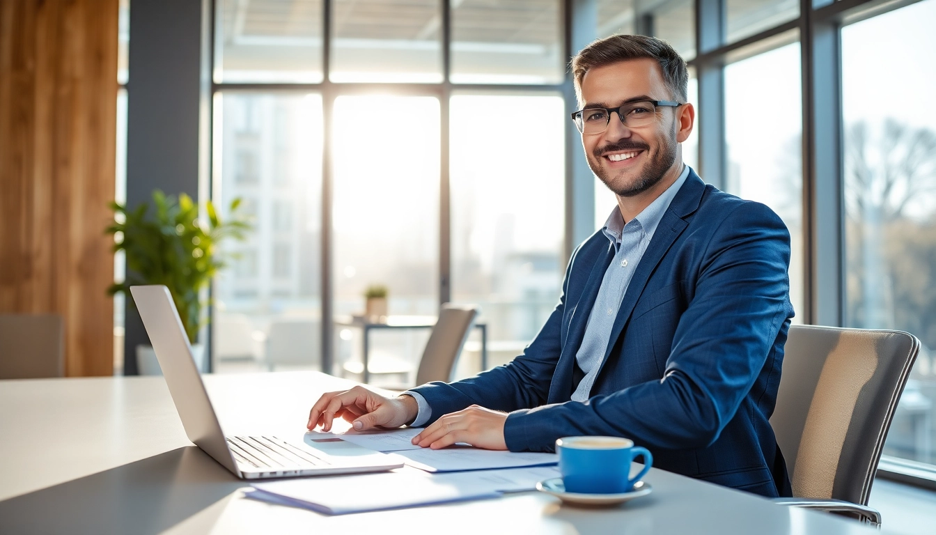 Der Headhunter IT zeigt professionelles Recruiting durch Laptop-Arbeit in modernem Büro.