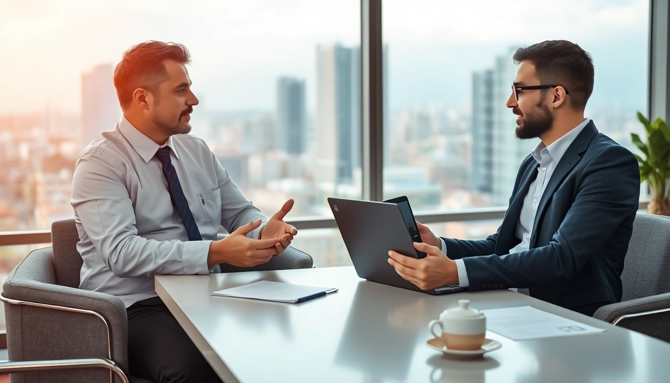 Headhunter IT berät Kandidaten in modernem Büro mit Laptop und Dokumenten.