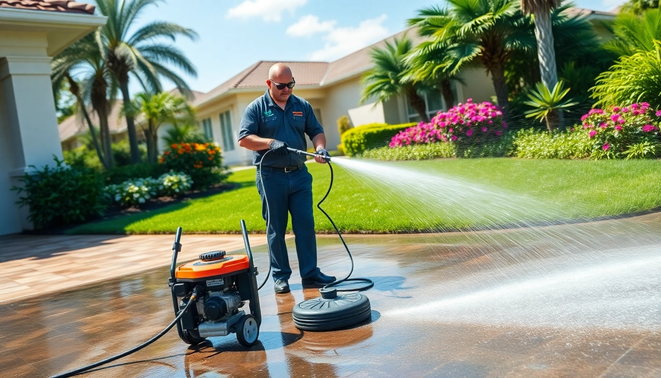 Driveway pressure wash in Kissimmee, showcasing a technician cleaning a concrete driveway with a pressure washer.