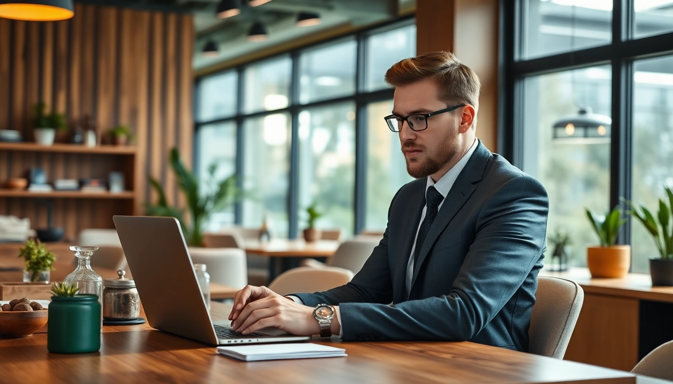 Headhunter Gastronomie in einem modernen Büro, analysiert Lebensläufe am Laptop, vermittelt Professionalität und Charme.