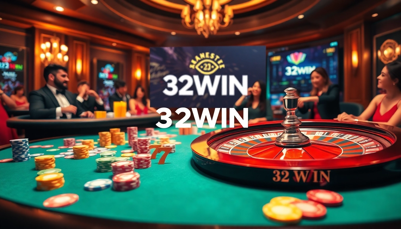 Players enjoying a thrilling game at a 32WIN casino table, featuring colorful chips and cards.