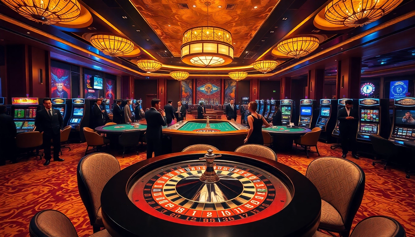 Exciting gaming atmosphere at the b52 club with gamblers at roulette and poker tables.