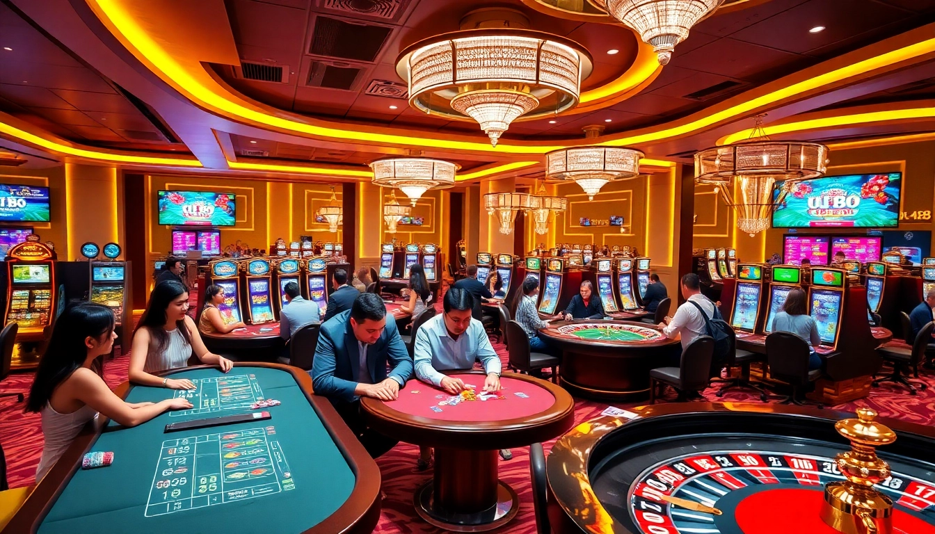 Gamblers enjoying a thrilling UU88 casino experience with poker tables and vibrant slot machines.