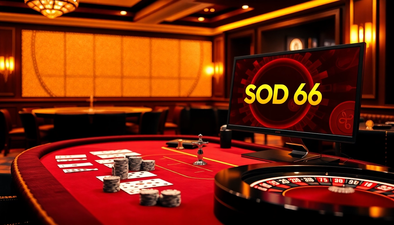 SODO 66 casino scene showcasing luxury gaming tables with cards, poker chips, and roulette wheel.