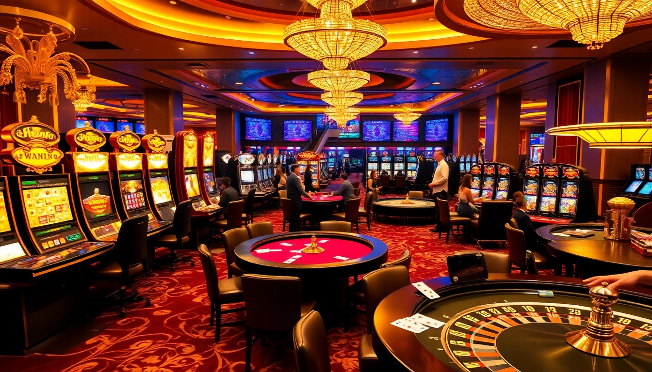 Spannendes Spielerlebnis im NV Casino mit Spielern an Spielautomaten und Pokertischen.