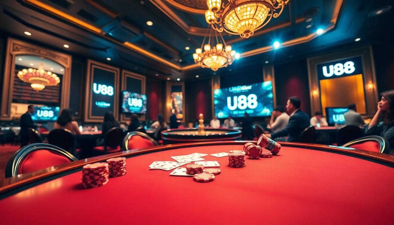 Experience thrilling gameplay at U88's luxurious casino tables with vibrant poker chips and cards.