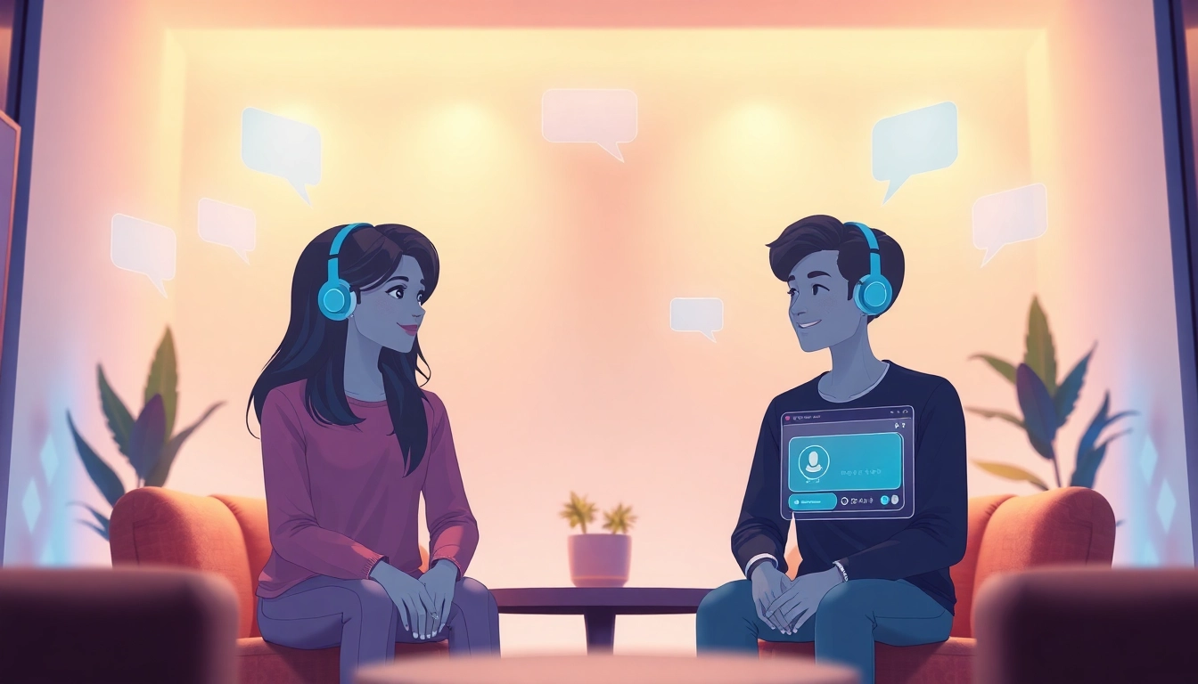 Engaging avatar interaction scene illustrating ai chat nsfw experience with digital screens.