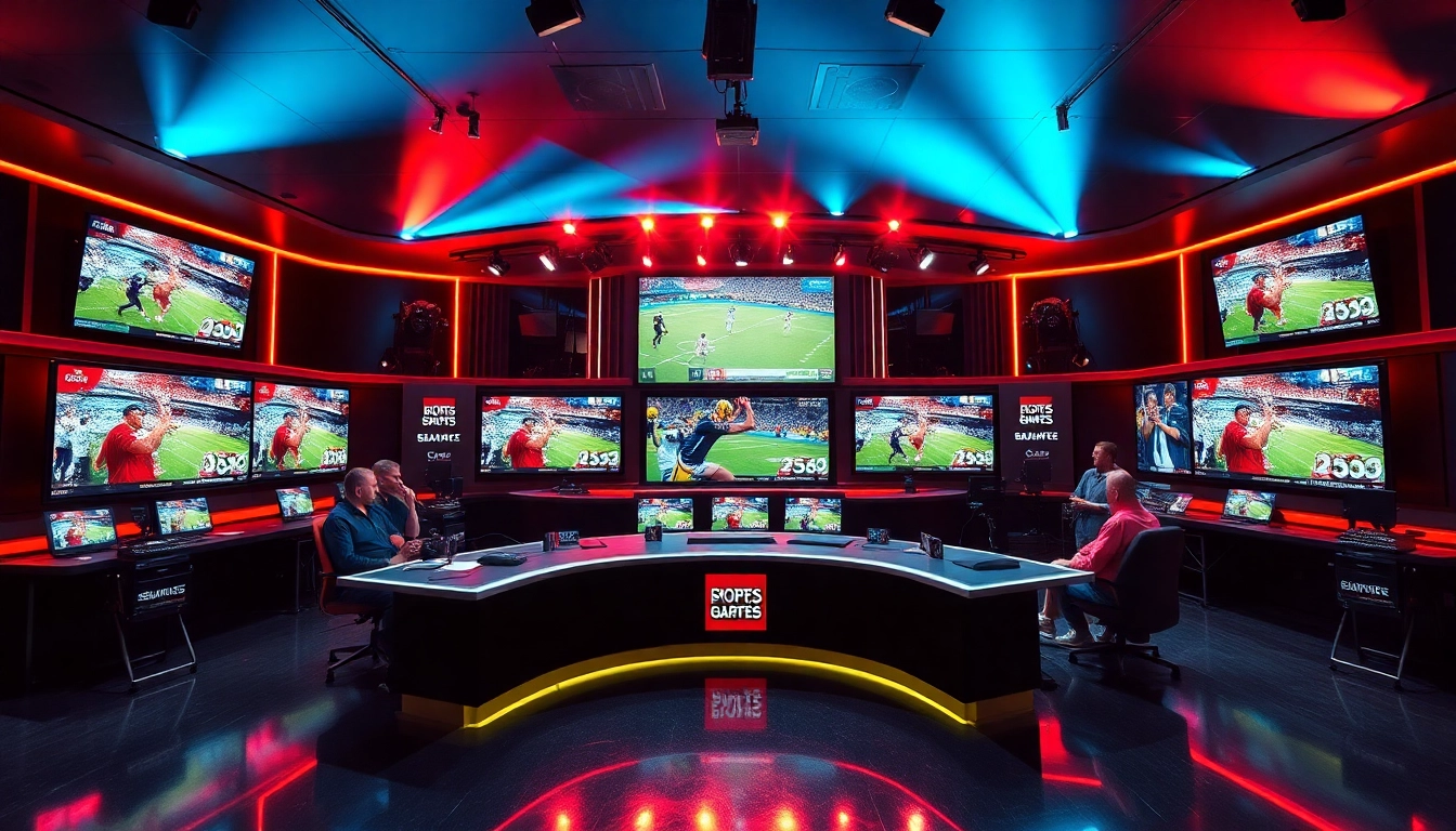 Engaging sports broadcasting studio setup with screens and hosts delivering live updates.