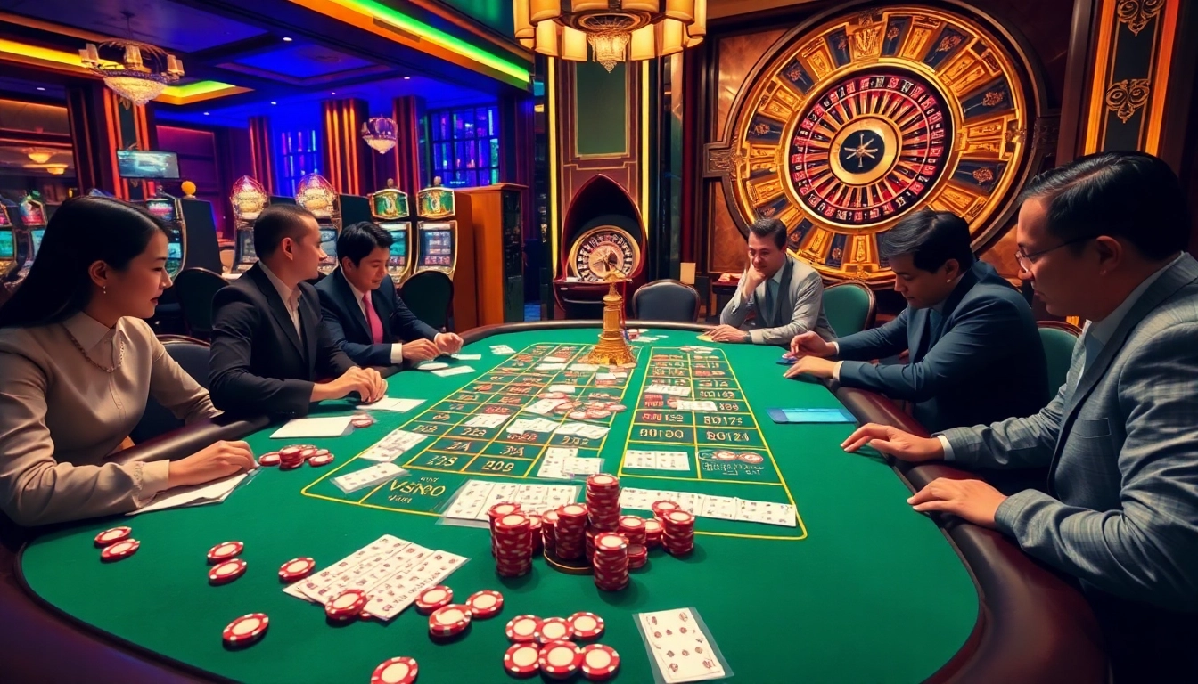 Tài Xỉu MD5 table with engaged players and vibrant casino elements, emphasizing strategy and excitement.