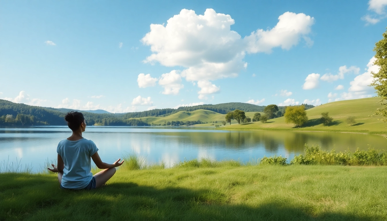 Enhancing emotional wellbeing through mindfulness practice by a tranquil lakeside.