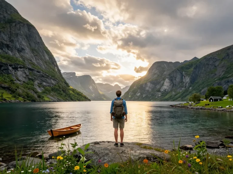 Skandinavien Reisetipps heben die malerische Fjordansicht hervor, während ein Reisender die nordischen Landschaften erkundet.