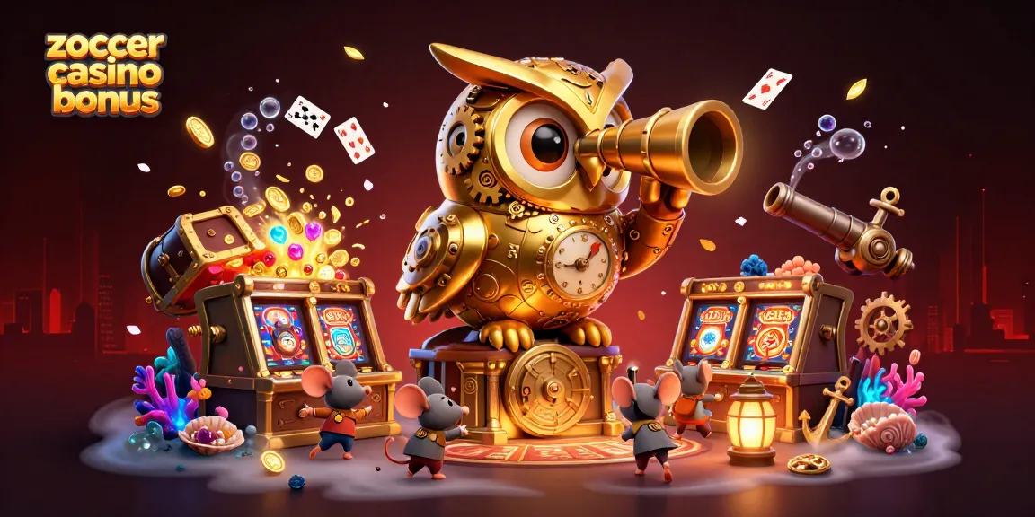 Erkunde den zoccer casino bonus mit einem goldenen Uhu und Spielautomaten, umhüllt von Schätzen und Karten.