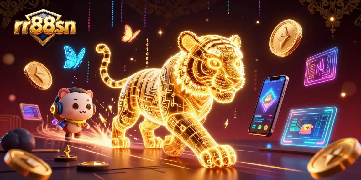 Engage with rr88sn in a vibrant digital casino scene, featuring a neon tiger and cryptocurrency elements.
