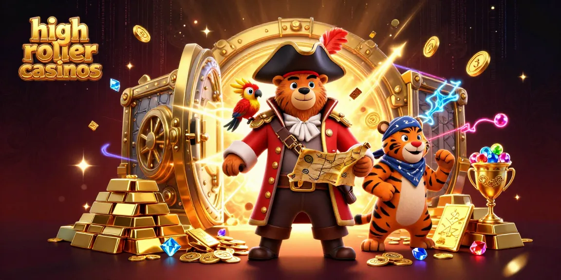 High roller casinos scene with a pirate bear, tiger, and golden treasure